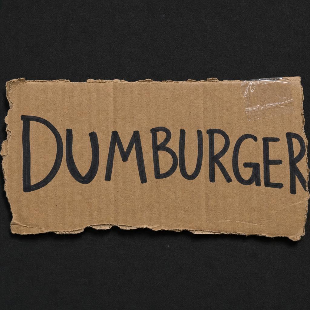 Our actual sign: DUMBURGER hand-lettered in marker on cardboard